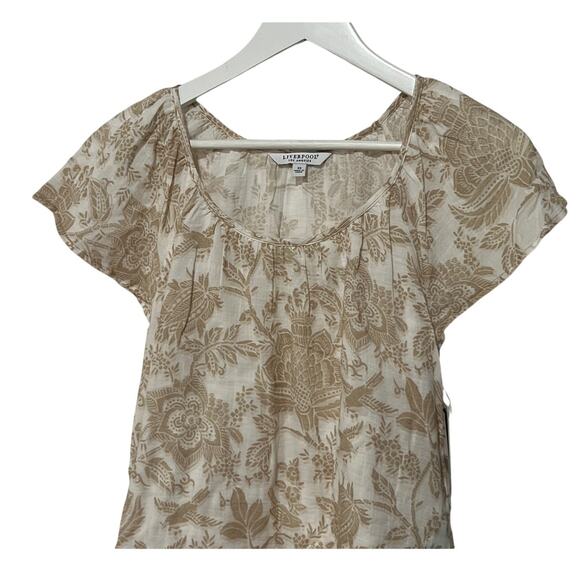 LIVERPOOL TOP WOMENS XSMALL FLUTTER SLEEVE WOVEN GAUZE BLOUSE TAN WHITE NEW - Picture 5 of 11